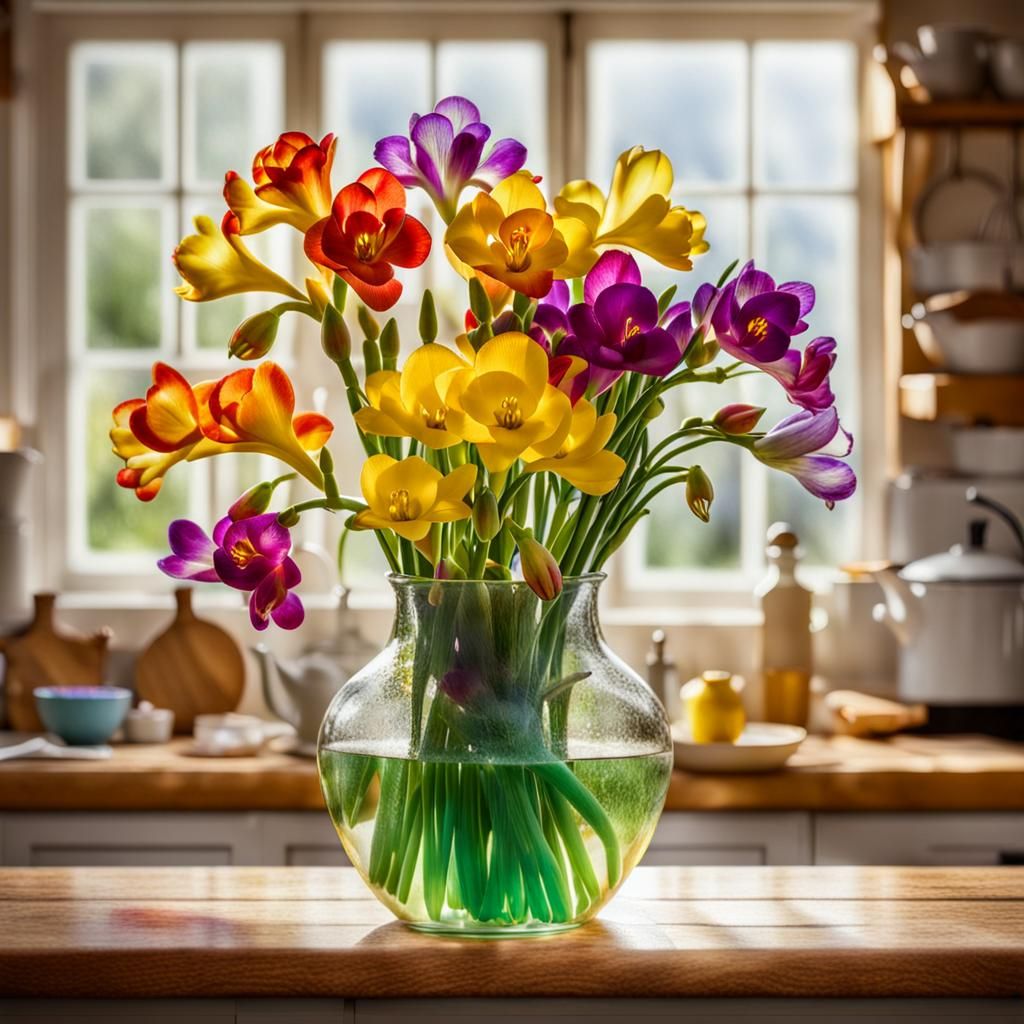 Vase of coloured freesia flowers