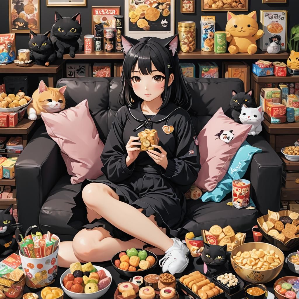 Girl Gaming with Cat Surrounded by Anime Snacks