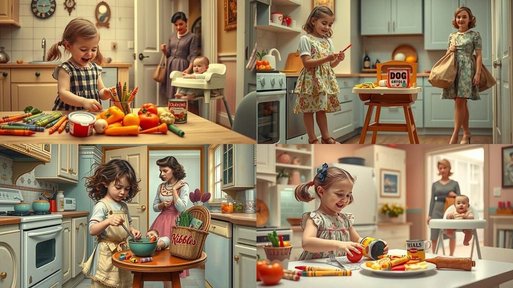 Whimsical Vintage Kitchen Scene with Playful Surrealism