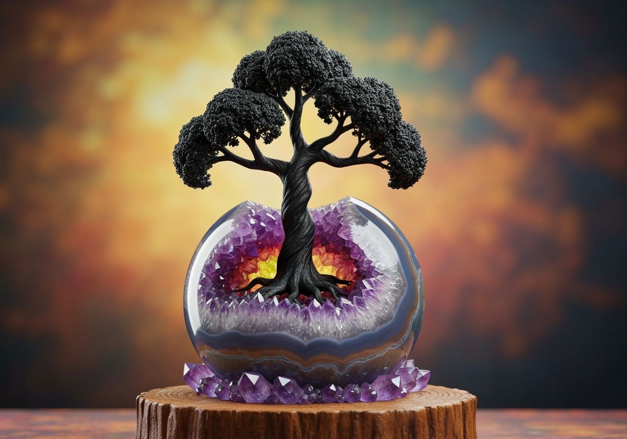 Surreal Tree Sculpture with Crystalline Sphere