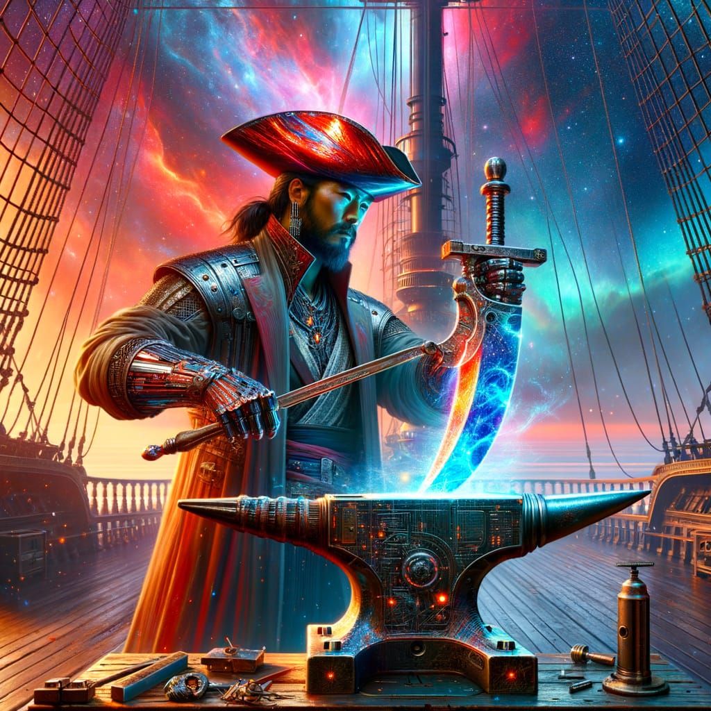 Cyberpunk Space Pirate Forges Energy Khopesh