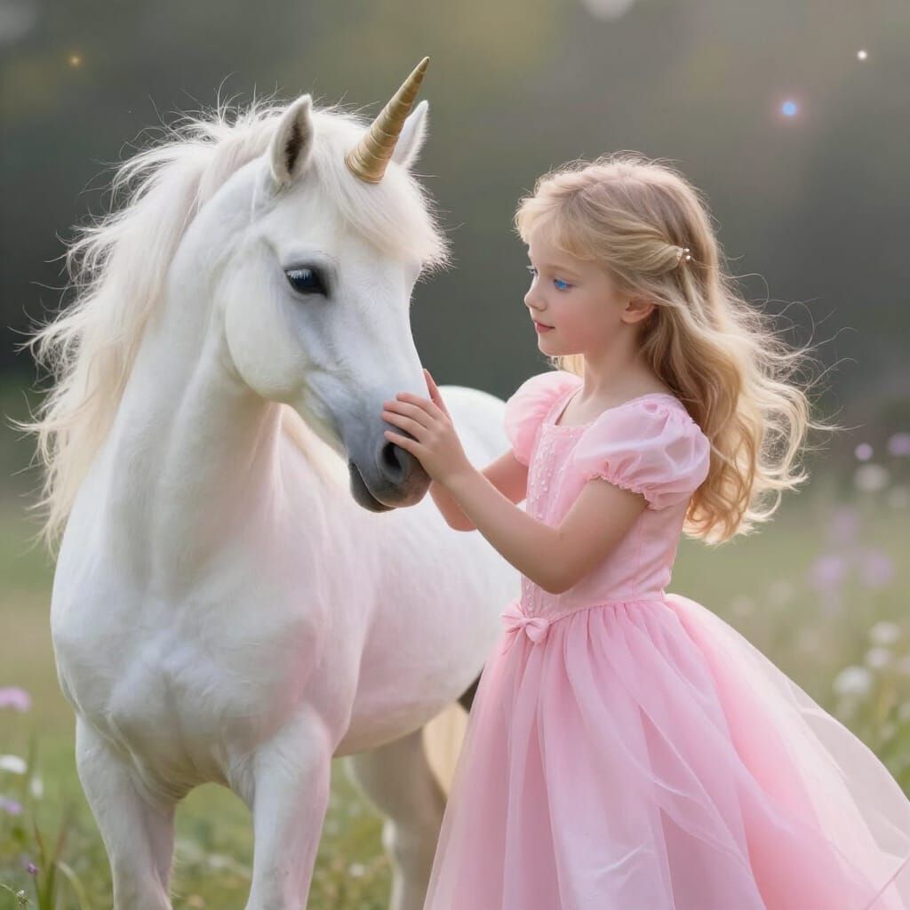 Princess Petting Unicorn in Ethereal Fantasy Art Style