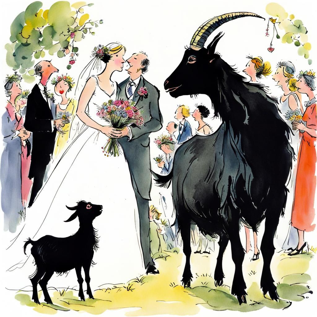 Whimsical Black Goat Eats Wedding Feast, Blake Style