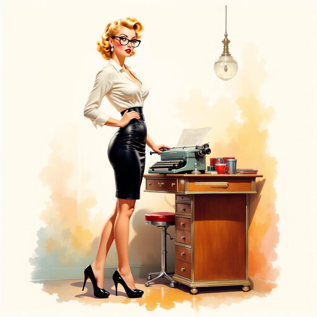 1950s Pin-Up Woman Surprise at Desk Watercolor Painting