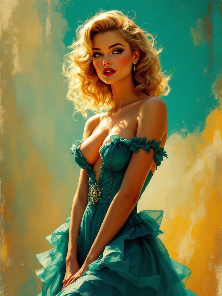 1950s Pin Up Woman in Golden Light, Impressionist Style