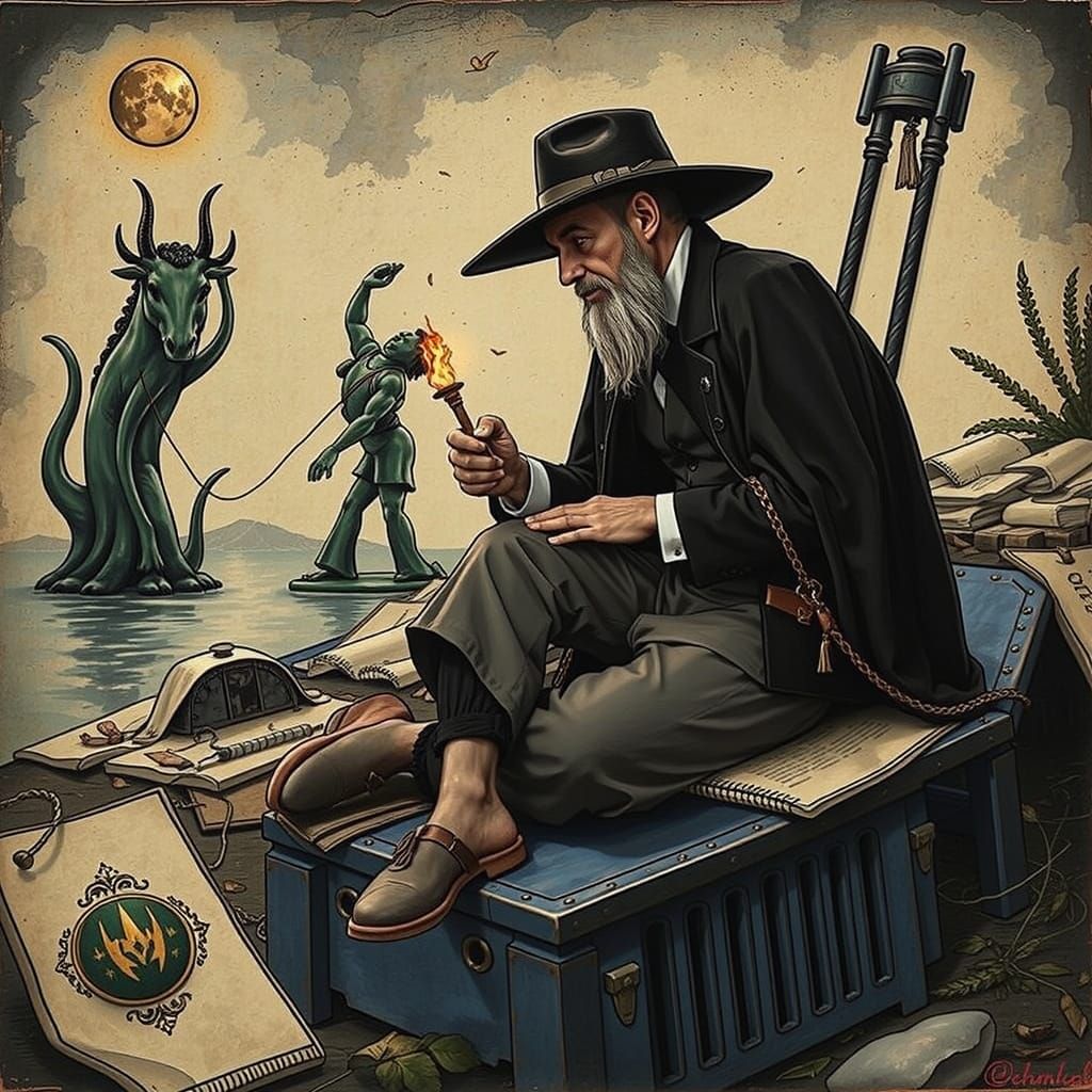 Surreal Landscape with Pink Figure and Gold Leaves