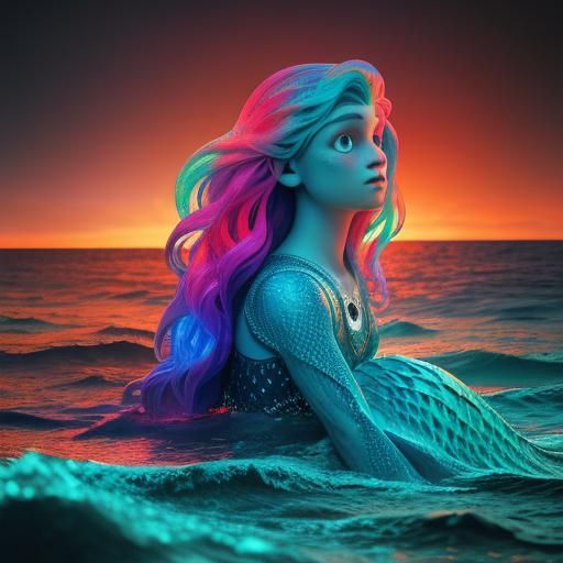 Hyperrealistic Mermaid in Warm Ocean, Mixed Media Style