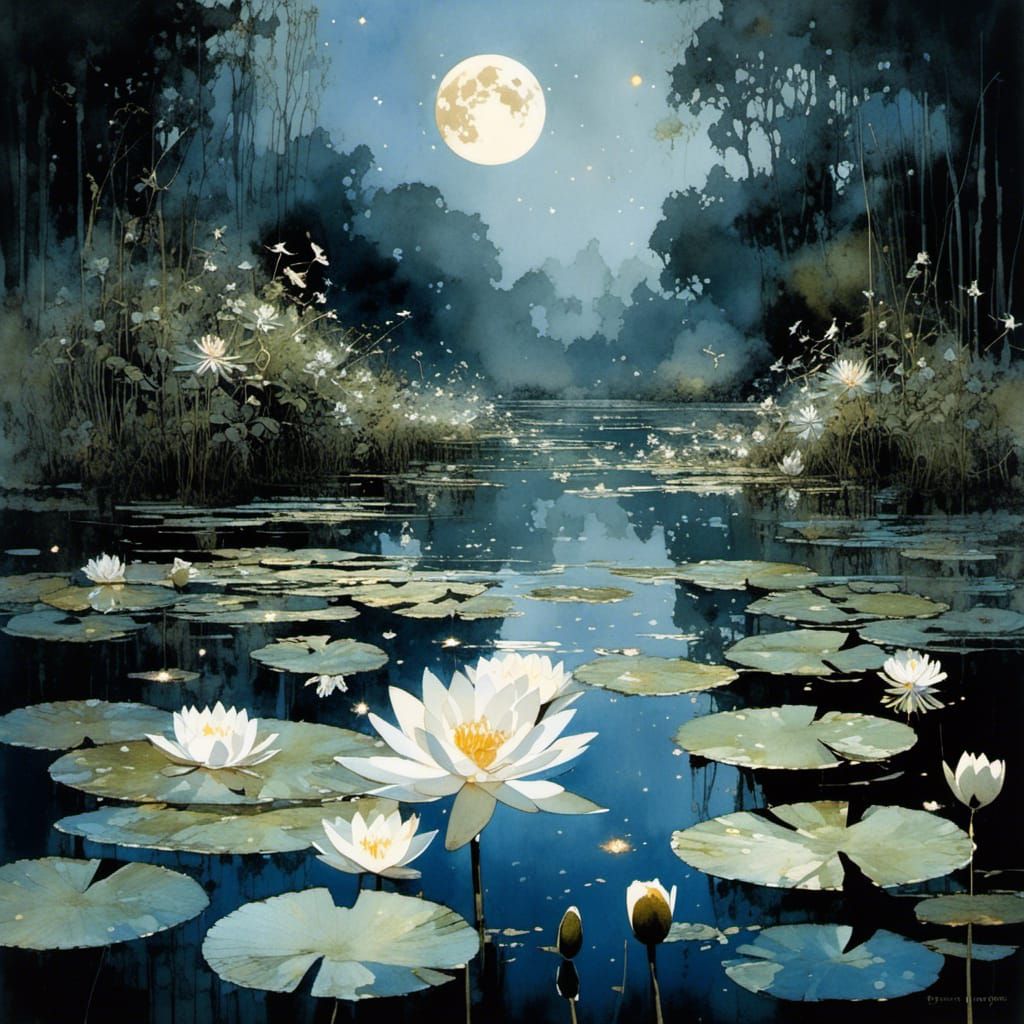 Serene Lake Scene with Fireflies, Water Lilies, and Celestia...