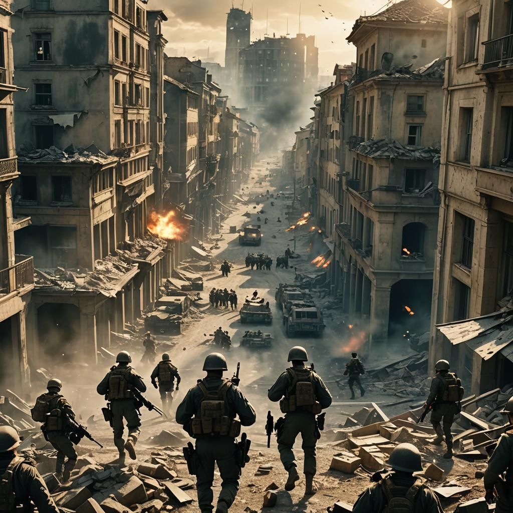 German Soldiers in War-Torn City, Cinematic Still