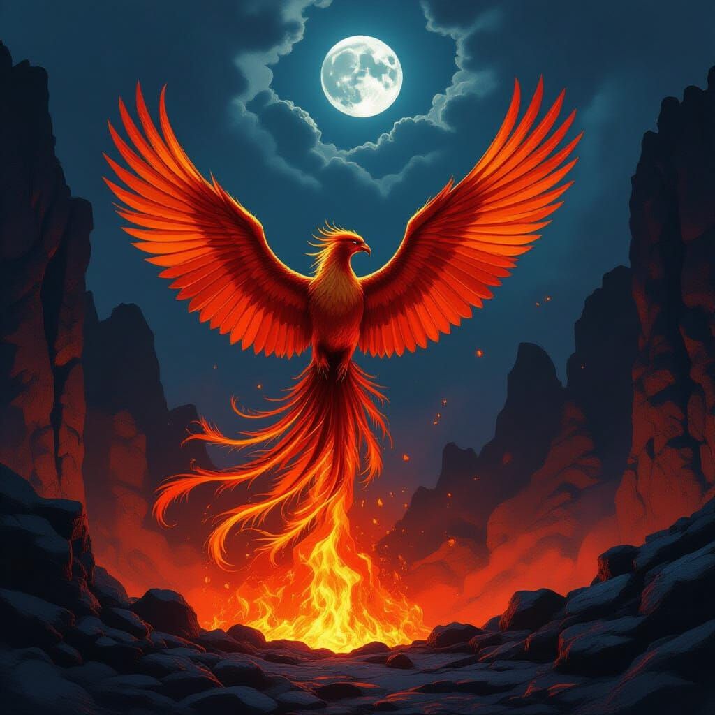 Majestic Phoenix Rises from Volcano in Fantasy Art