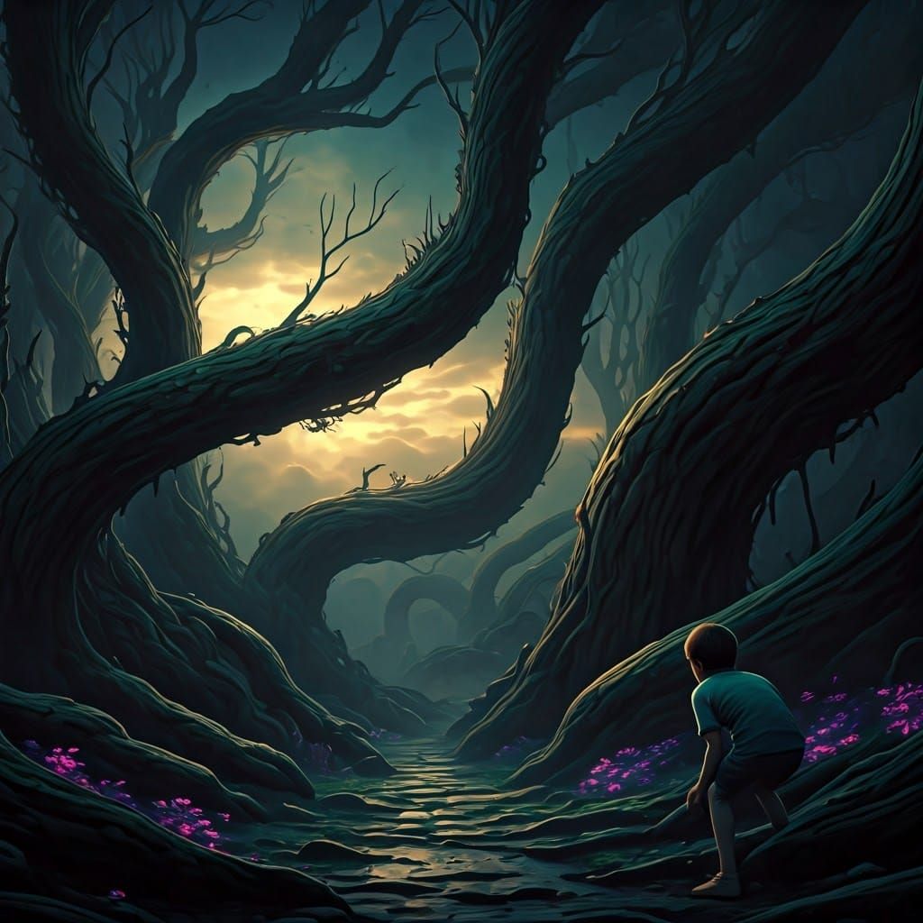 Boy's Fear in a Surreal Twilight Landscape
