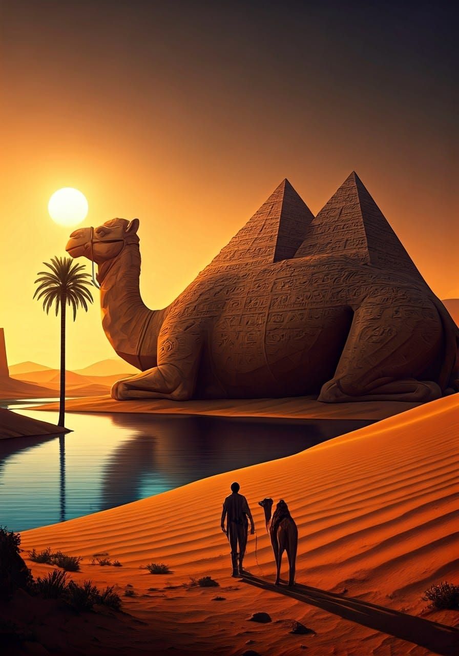 Divine Camel Pyramid God in Desert Oasis