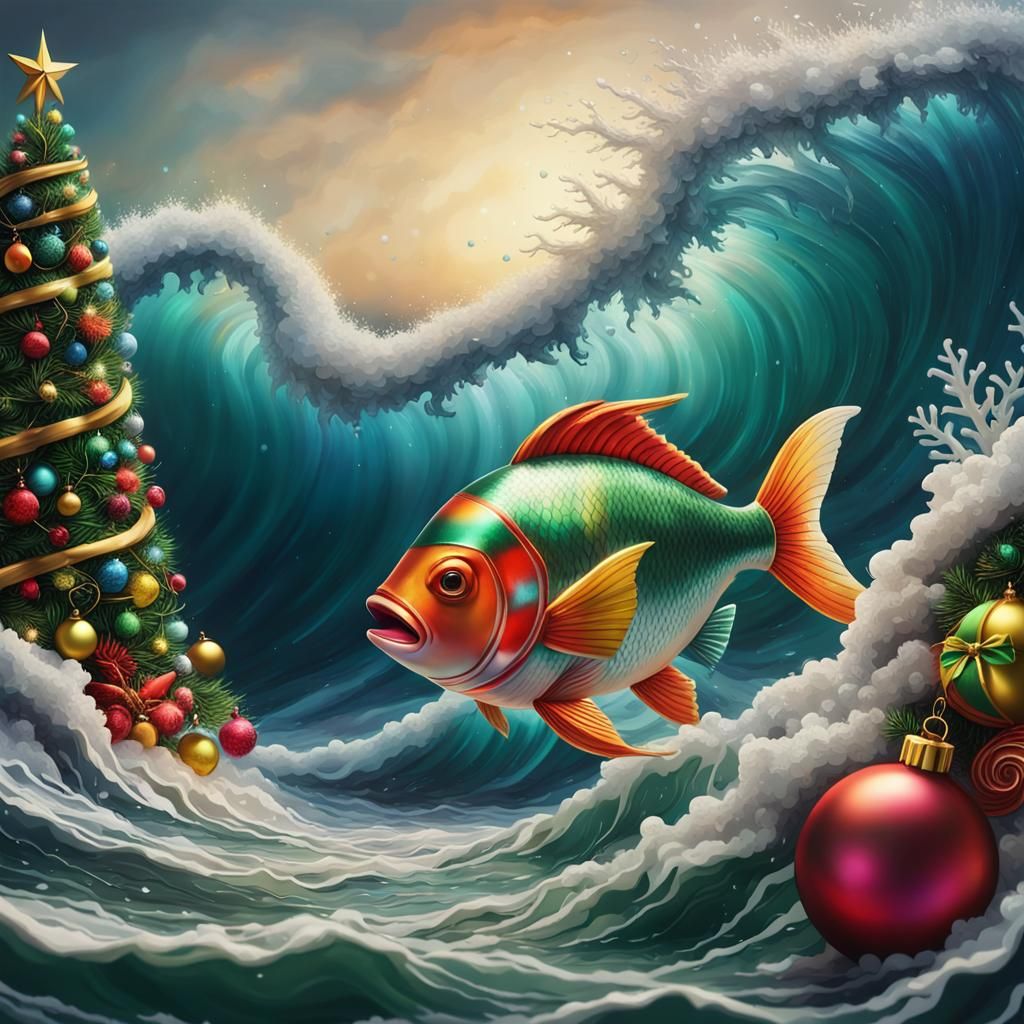 Surreal Christmas Tree in Ocean Waves: Splash Art