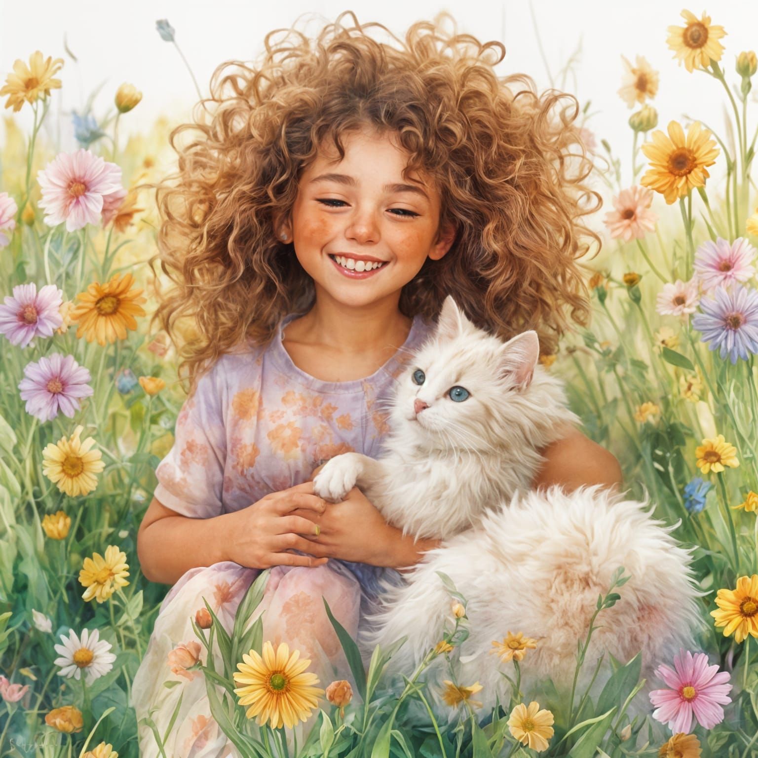 Whimsical Girl and Cat in Enchanted Forest