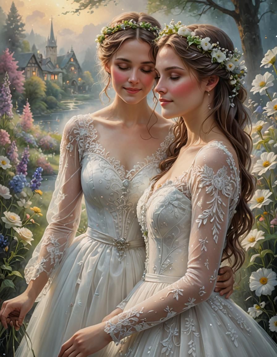 Beautiful Lesbian Couple's Wedding Portrait in Ethereal Styl...