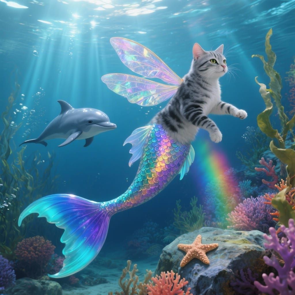 Tabby Cat with Iridescent Mermaid Tail Swims Underwater