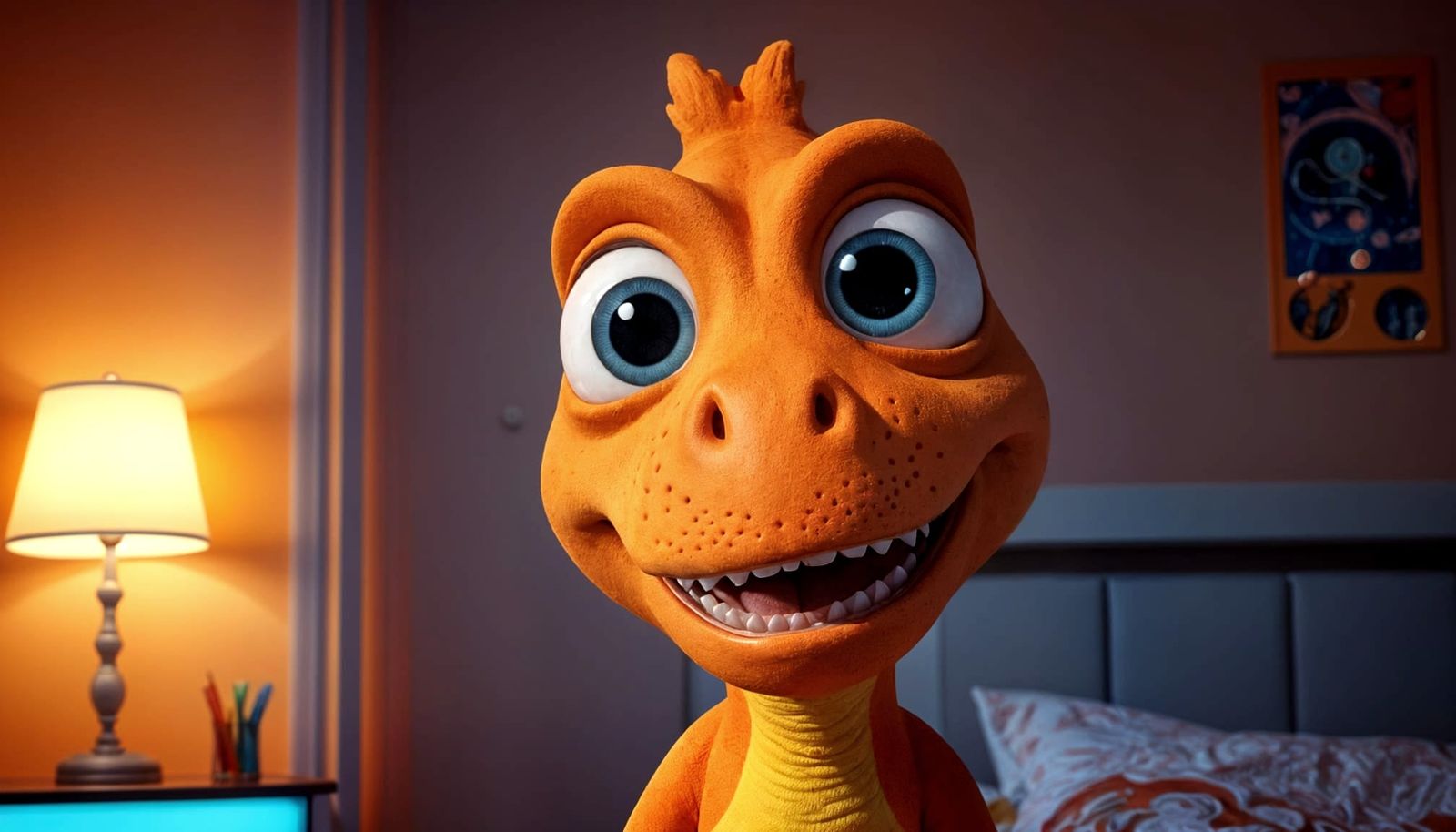 Whimsical Orange Dinosaur in Futuristic Bedroom
