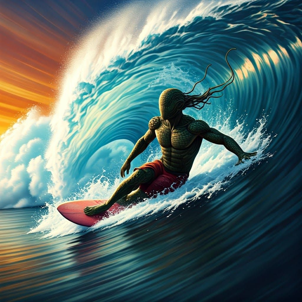 Alligator-Skinned Surfer Rides a Wave: Splash Art