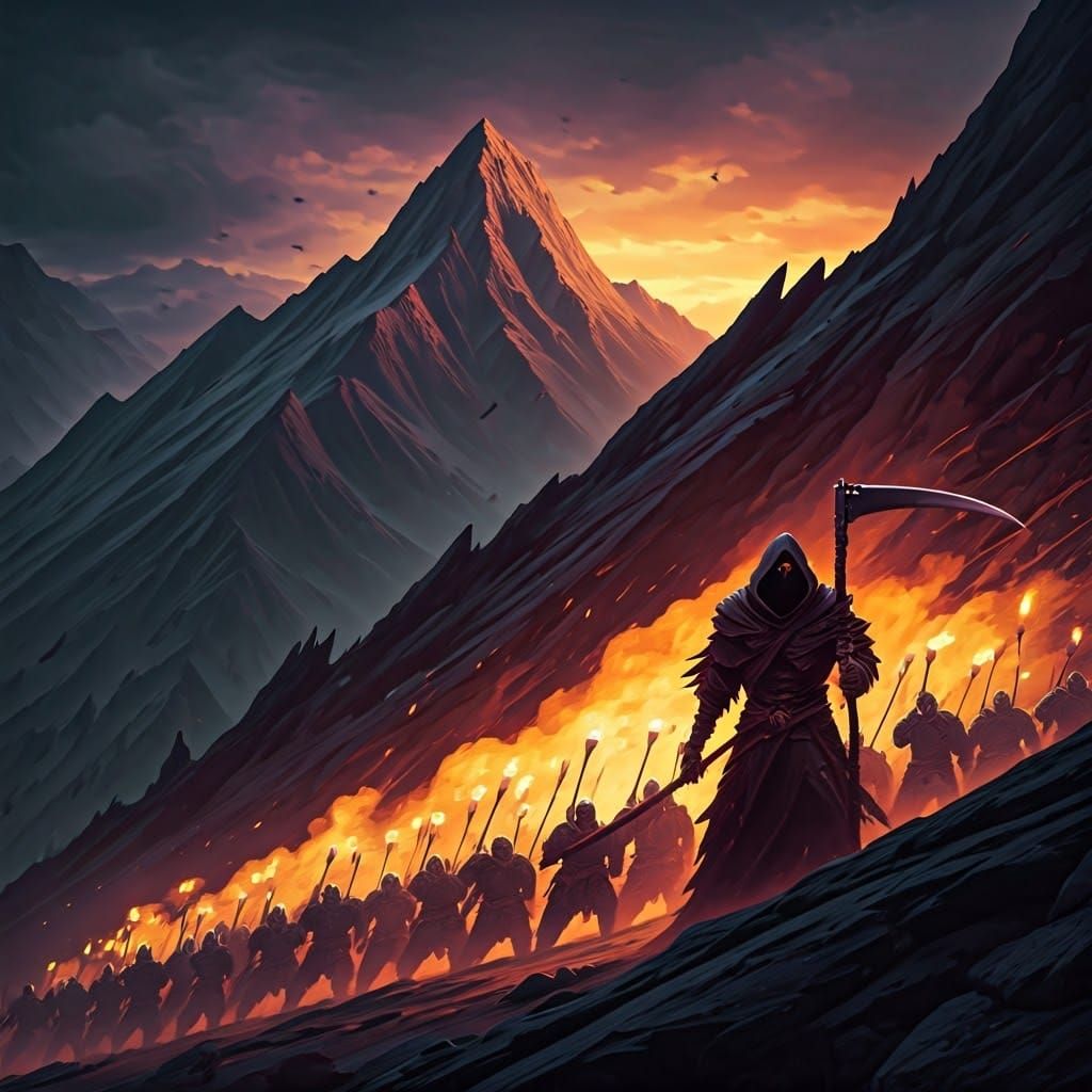 Grim Reaper vs Army in Dark Fantasy Mountains