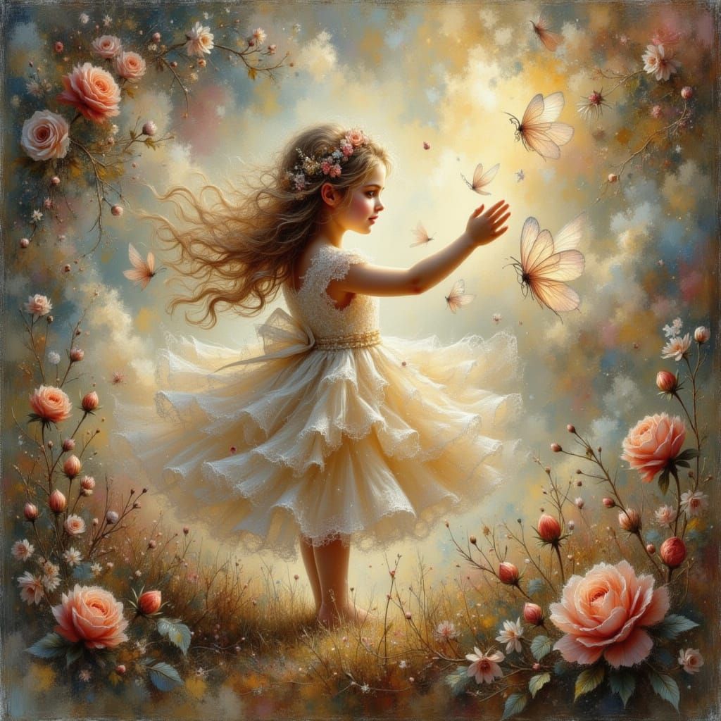 Dreamy Girl Tenderly Reaching Out in Magical Atmosphere