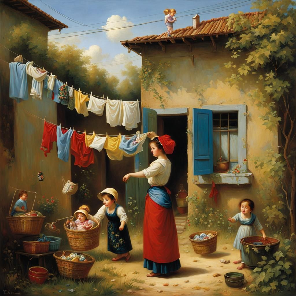 Backyard Scene: Mother, Children, Laundry, Surrealist Style