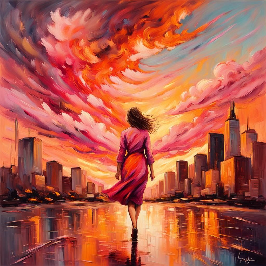 Impressionist Woman Silhouetted Against Burning City