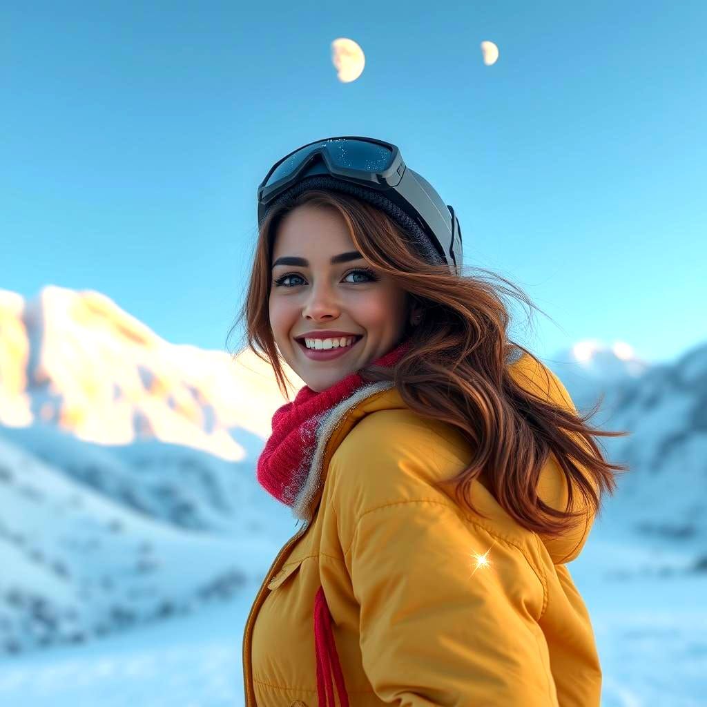 Smiling Woman Skating in Snowy Himalayas