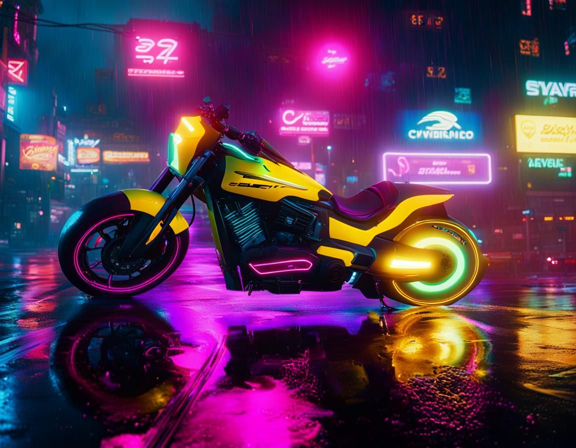Cyberpunk Motorcycle Speeds Through Neon Cityscape