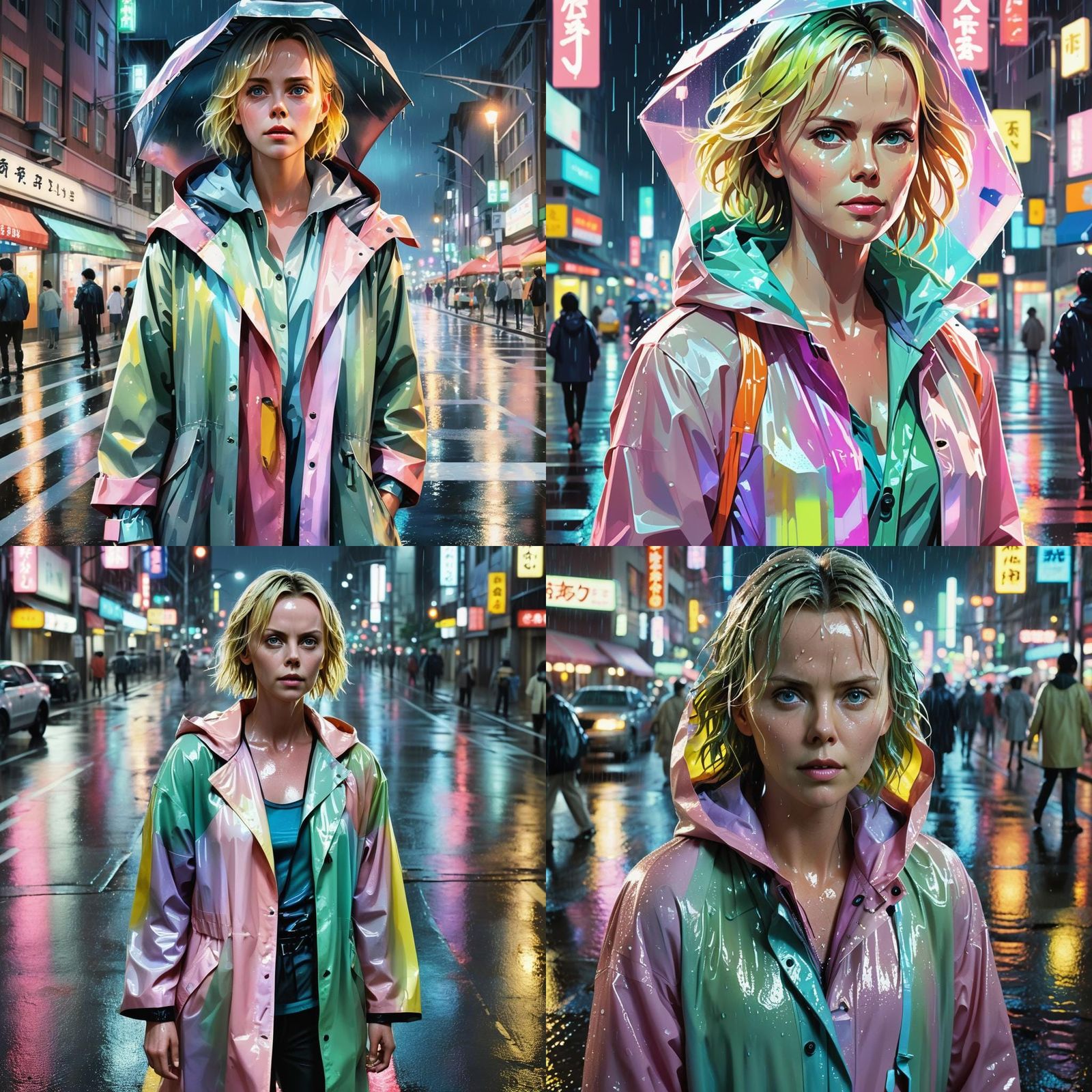 Nighttime Portrait of Woman in Pastel Raincoat