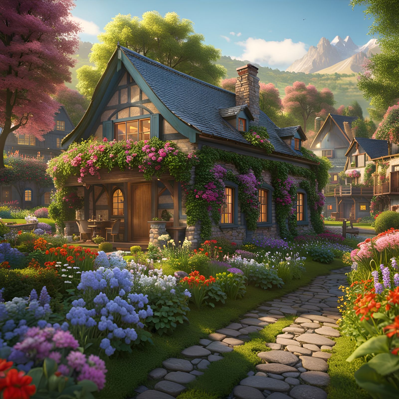 Quaint Village Cottages with Colorful Flower Gardens