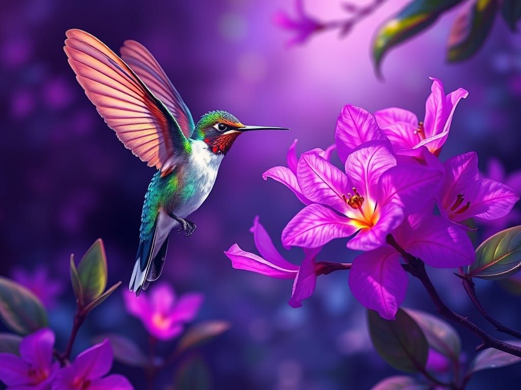 Iridescent Hummingbird in a Fluorescent Garden