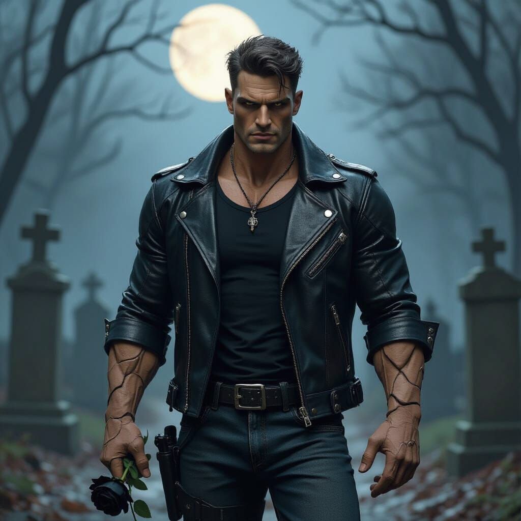 Clay Golem in Moonlit Cemetery, Art Noir Style