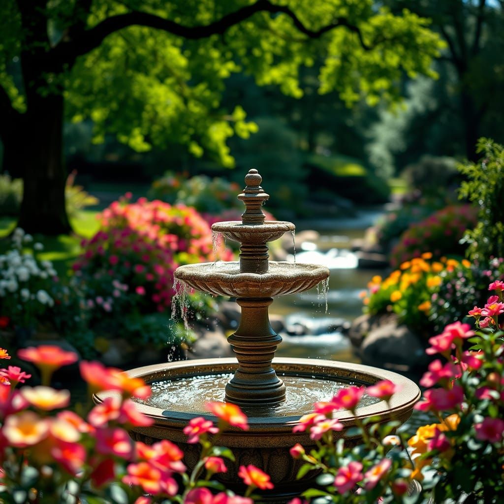 Dreamy Garden Fountain: Soft Natural Lighting