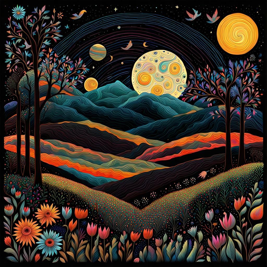 Cosmic Folk Art Spring Scene