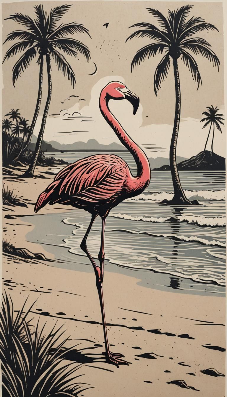 Flamingo on Sandy Beach in Linocut Illustration