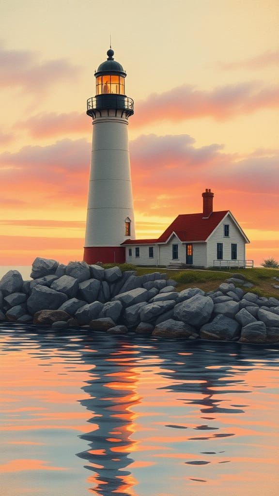 Sunset Lighthouse in Nostalgic Watercolor Style