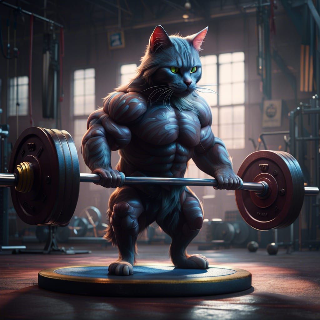 Muscular Cat Gym Workout: Detailed Fantasy Art