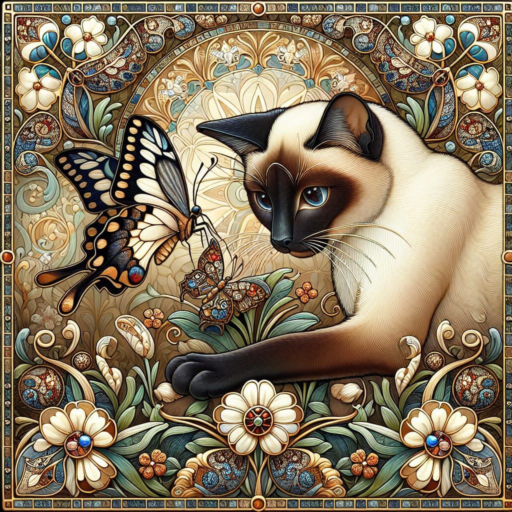 Siamese Cat Sniffing Butterfly in Art Nouveau Style