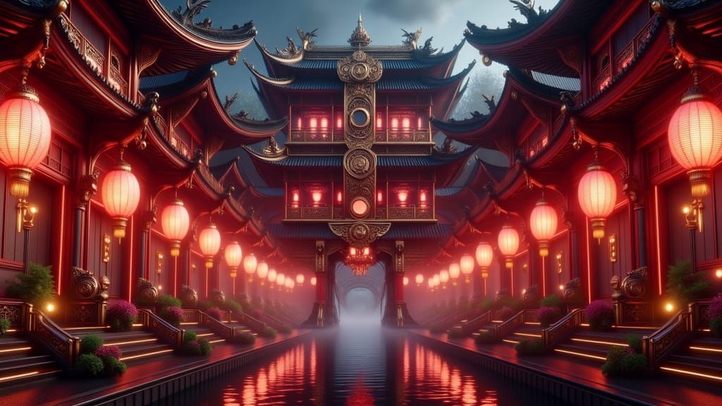 Opulent Steampunk Chinese Temple of the Red Dragon Clan