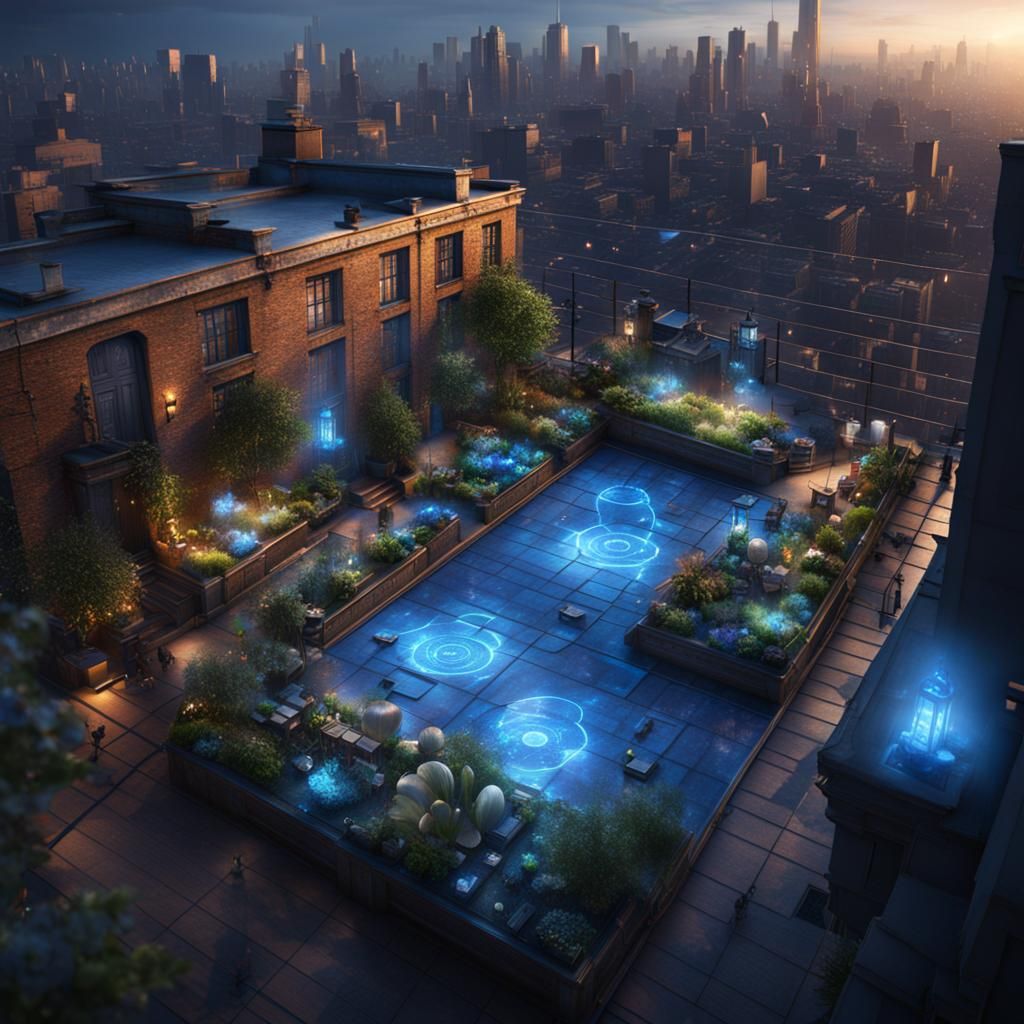 Rooftop Garden with Blue Lights, Detailed Digital Painting