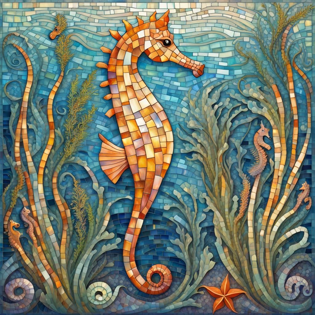 Art Nouveau Seahorse Family in Mosaic Underwater Scene