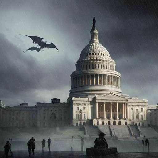 Capitol Building Under Dragon Attack in Rain