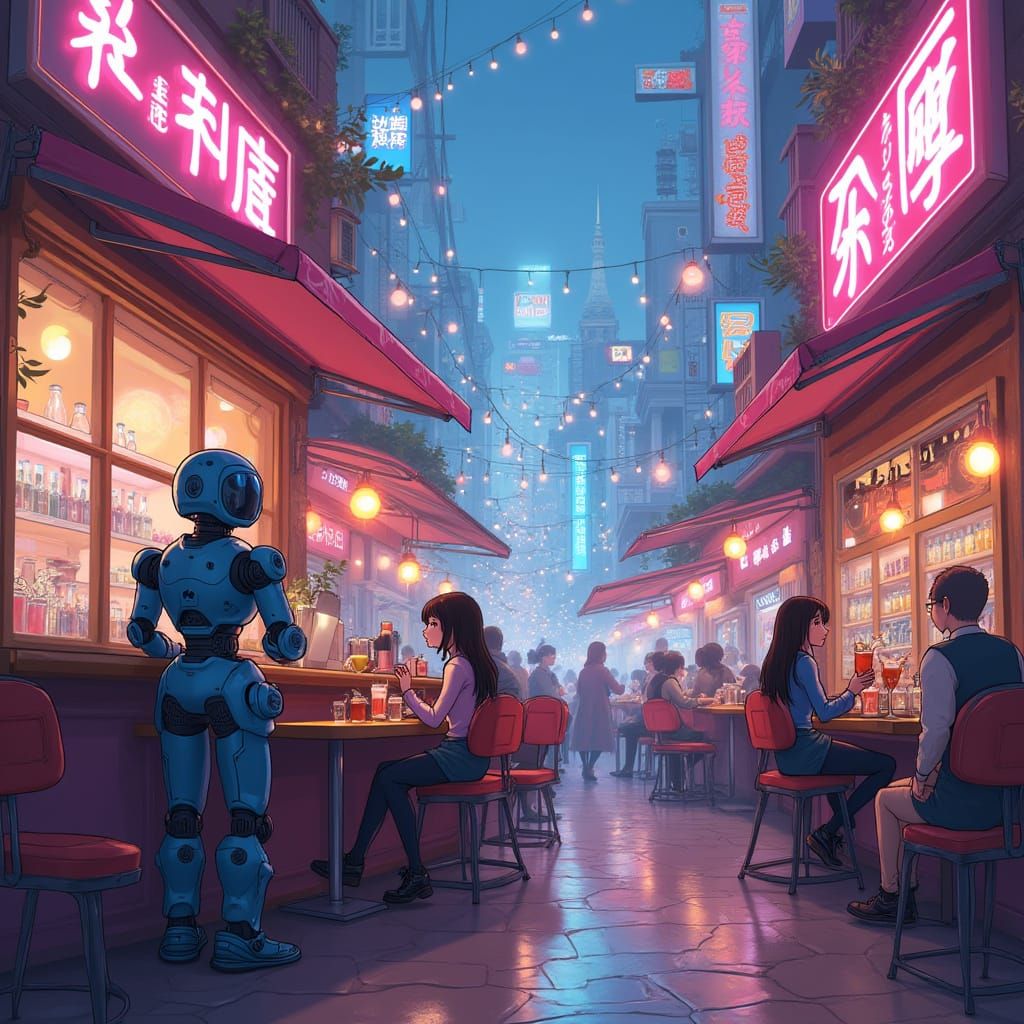 Robot Cafe in Neon Cityscape, Hyperrealistic Ghibli Style