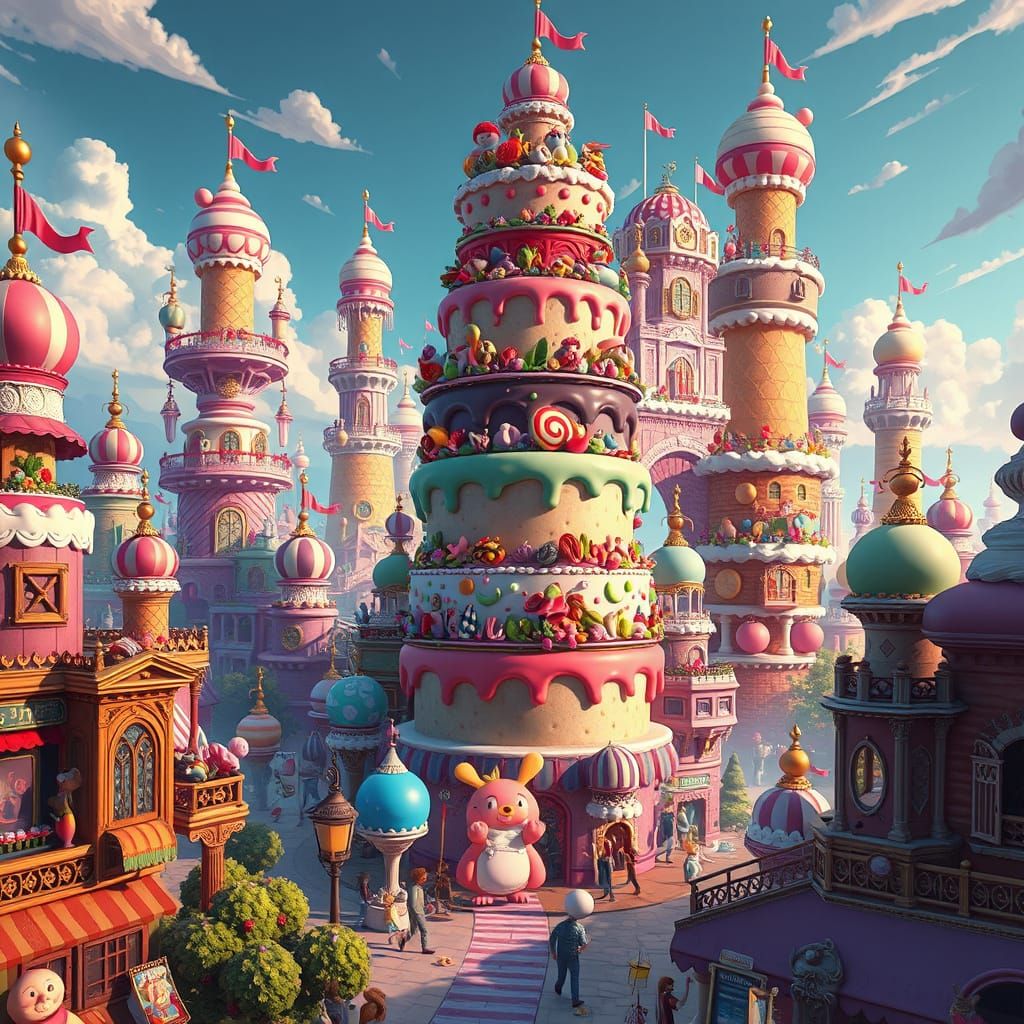 Whimsical City of Sweet Delights in Candy Art Style