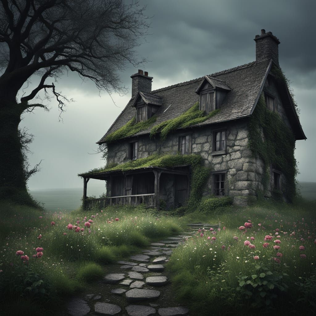 Mysterious Cottage in a Dark Fantasy Landscape