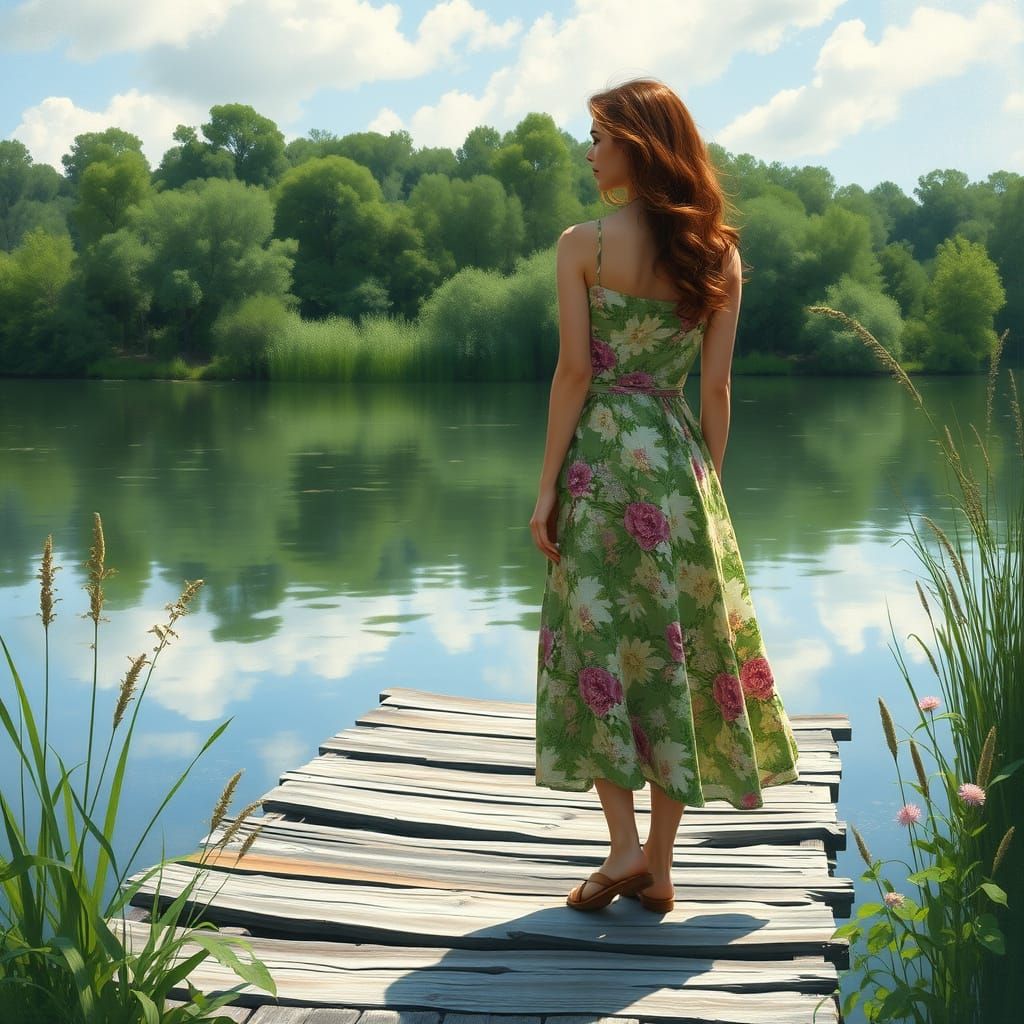 Woman on Dock: Impressionistic Lake Scene