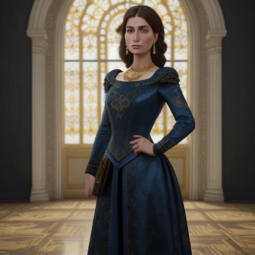 Elegant Brunette in Photo Studio: Baroque Oil Painting