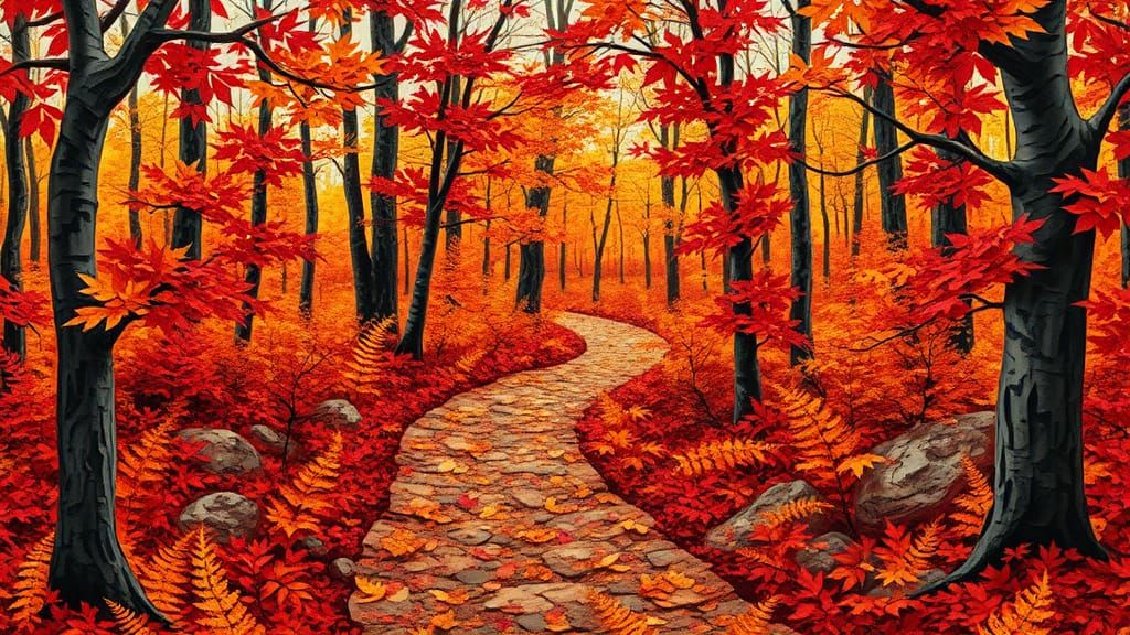 Autumn Forest Path in Vibrant Paper Collage Style