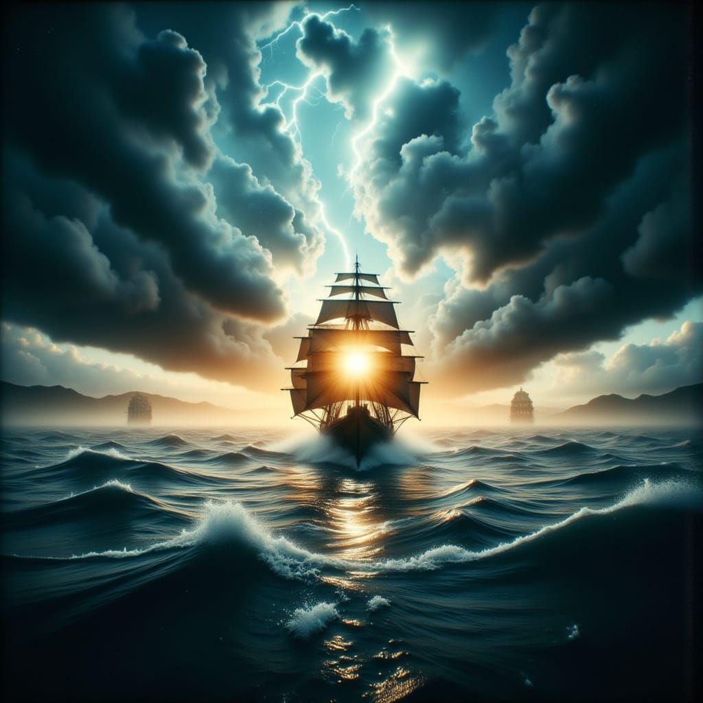 Double Exposure Sailboat in Stormy Seas and Calm Waters