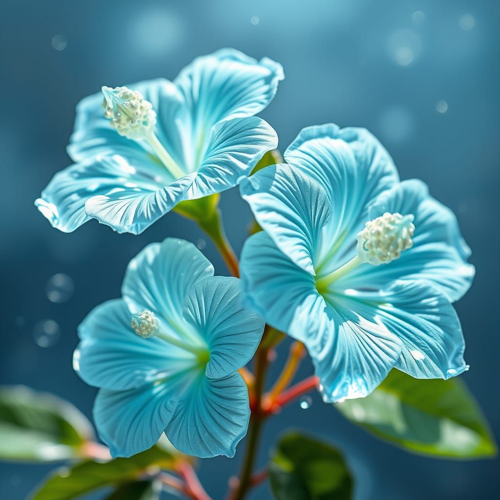Aquamarine Crystal Hibiscus Flowers with Bubbles